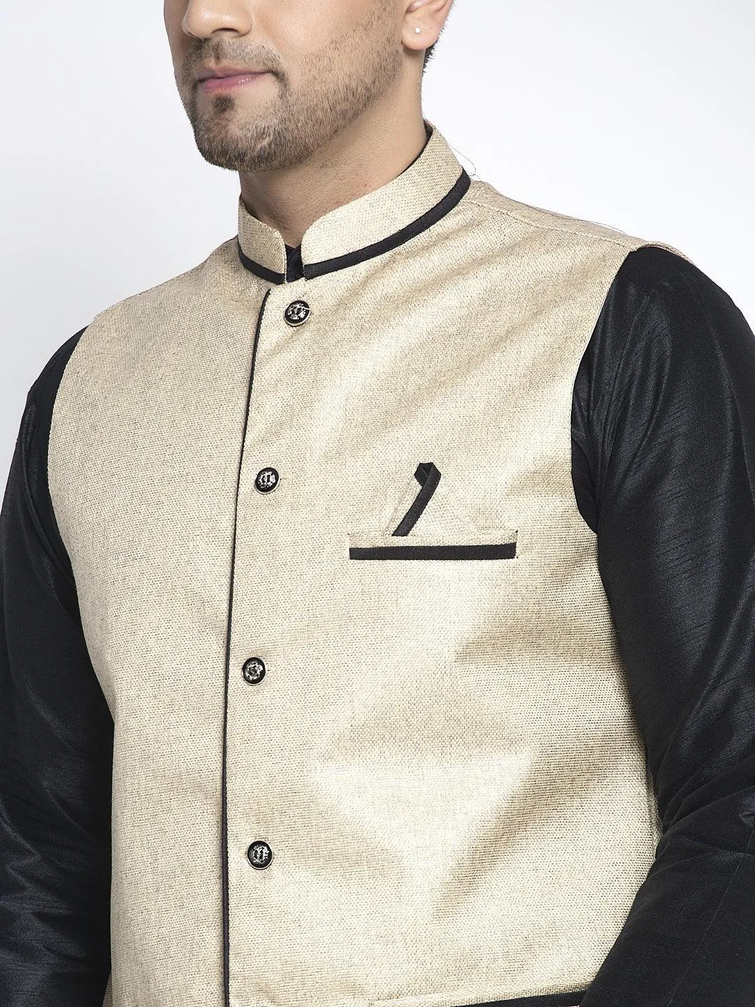 Men's Silk Blend Black Kurta With Pyjama & Beige Nehru Jacket - Benstoke