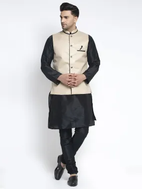 Men's Silk Blend Black Kurta With Pyjama & Beige Nehru Jacket - Benstoke