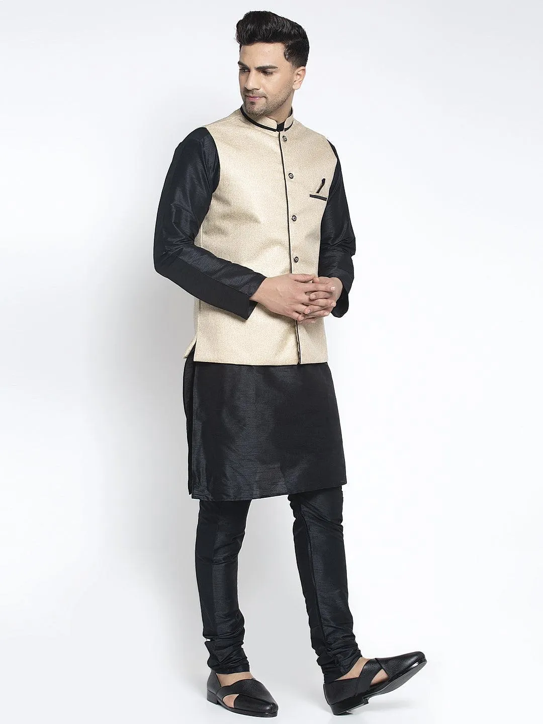 Men's Silk Blend Black Kurta With Pyjama & Beige Nehru Jacket - Benstoke