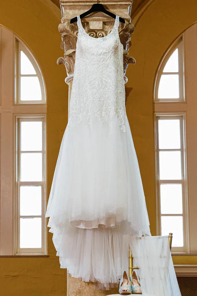 Michelle Bridal For Sydney's Closet MB2323 Fitted Silhouette Soft Bridal Tulle Stretch Knit Lining Beaded Leaf Lace Clear Sequins Clear Bugle Beads Scoop Neck Plus Size "Louisa" Bridal Gown