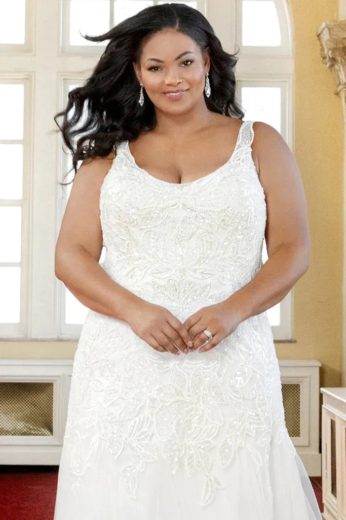 Michelle Bridal For Sydney's Closet MB2323 Fitted Silhouette Soft Bridal Tulle Stretch Knit Lining Beaded Leaf Lace Clear Sequins Clear Bugle Beads Scoop Neck Plus Size "Louisa" Bridal Gown