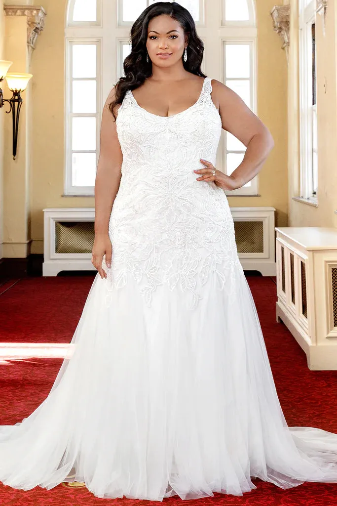 Michelle Bridal For Sydney's Closet MB2323 Fitted Silhouette Soft Bridal Tulle Stretch Knit Lining Beaded Leaf Lace Clear Sequins Clear Bugle Beads Scoop Neck Plus Size "Louisa" Bridal Gown