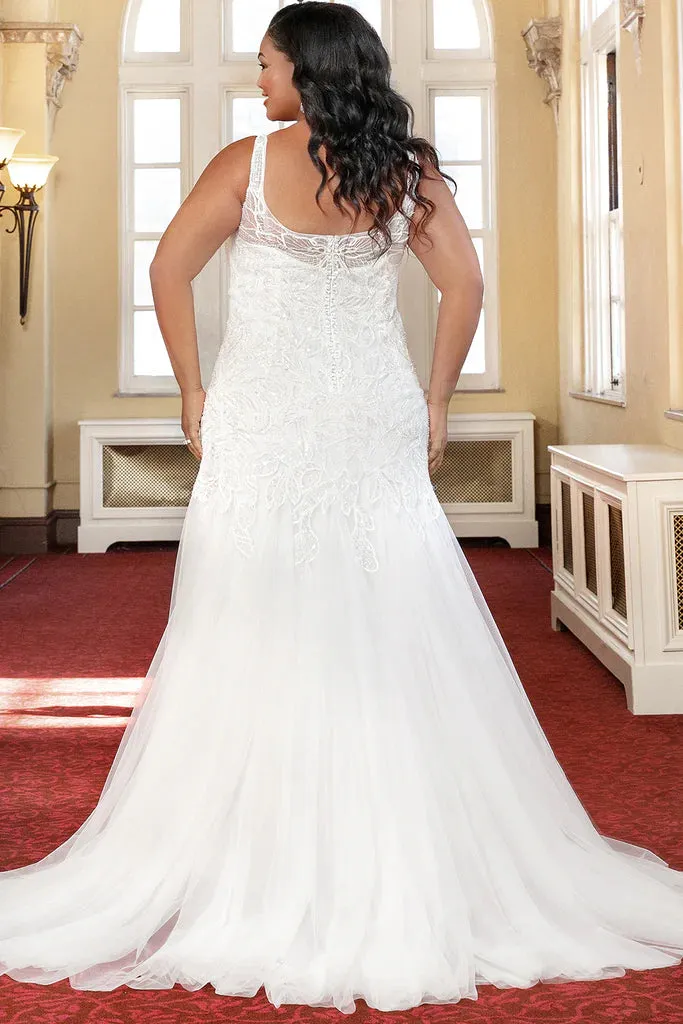 Michelle Bridal For Sydney's Closet MB2323 Fitted Silhouette Soft Bridal Tulle Stretch Knit Lining Beaded Leaf Lace Clear Sequins Clear Bugle Beads Scoop Neck Plus Size "Louisa" Bridal Gown
