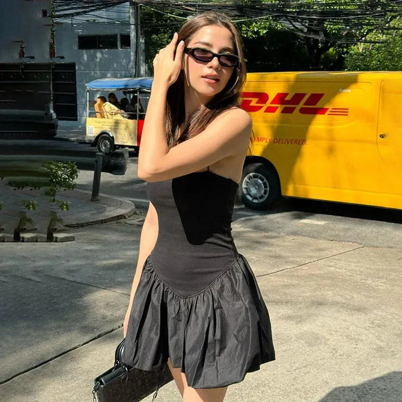 Mini Party Backless Big Slim Sexy Black Club Folds Mini Dress