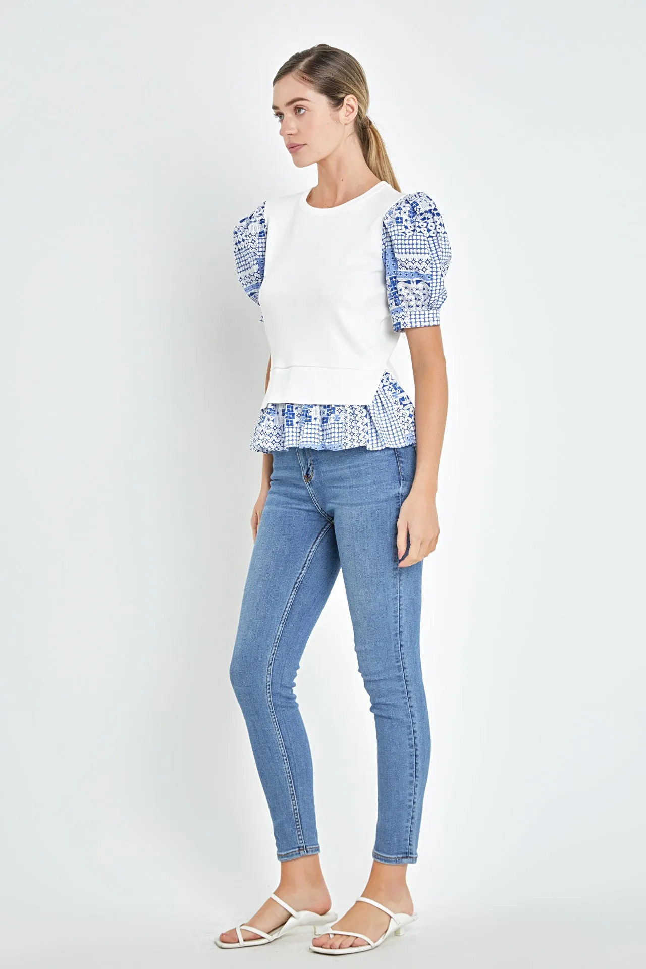 Mixed Media Floral Sleeve Knit Top