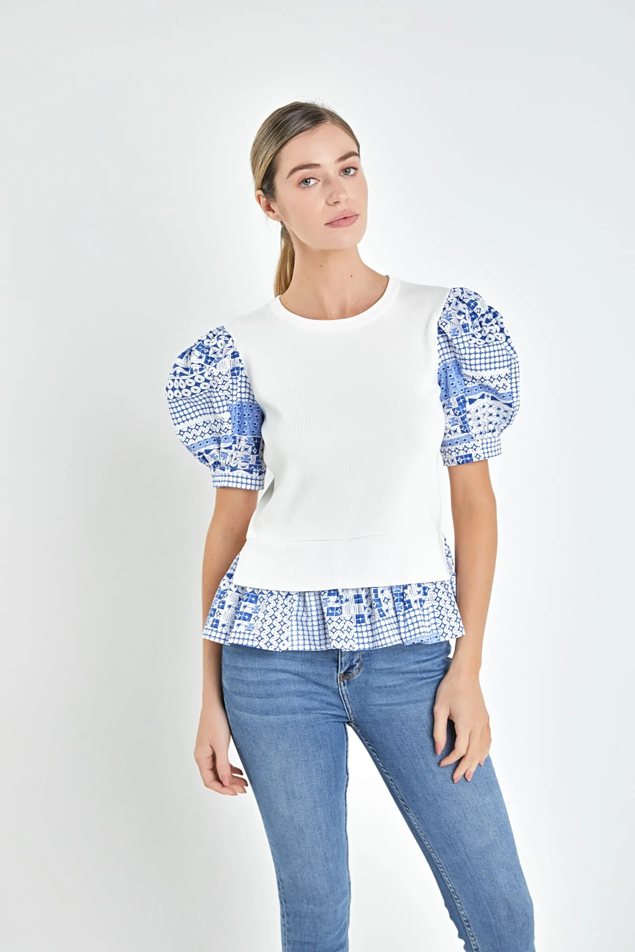 Mixed Media Floral Sleeve Knit Top