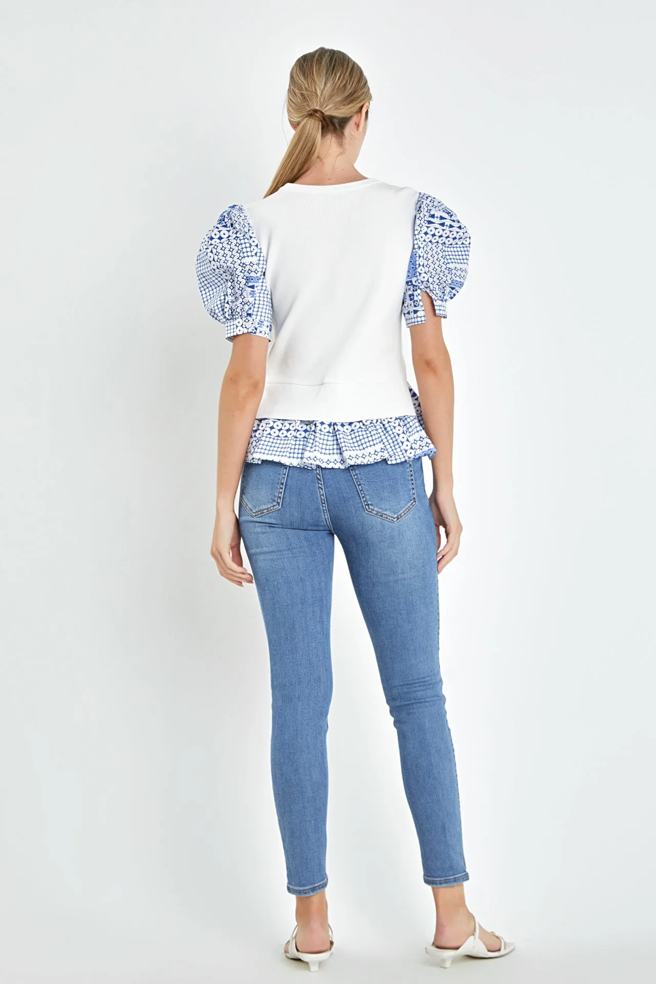 Mixed Media Floral Sleeve Knit Top