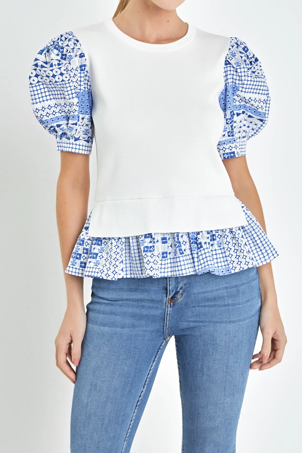 Mixed Media Floral Sleeve Knit Top