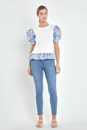 Mixed Media Floral Sleeve Knit Top
