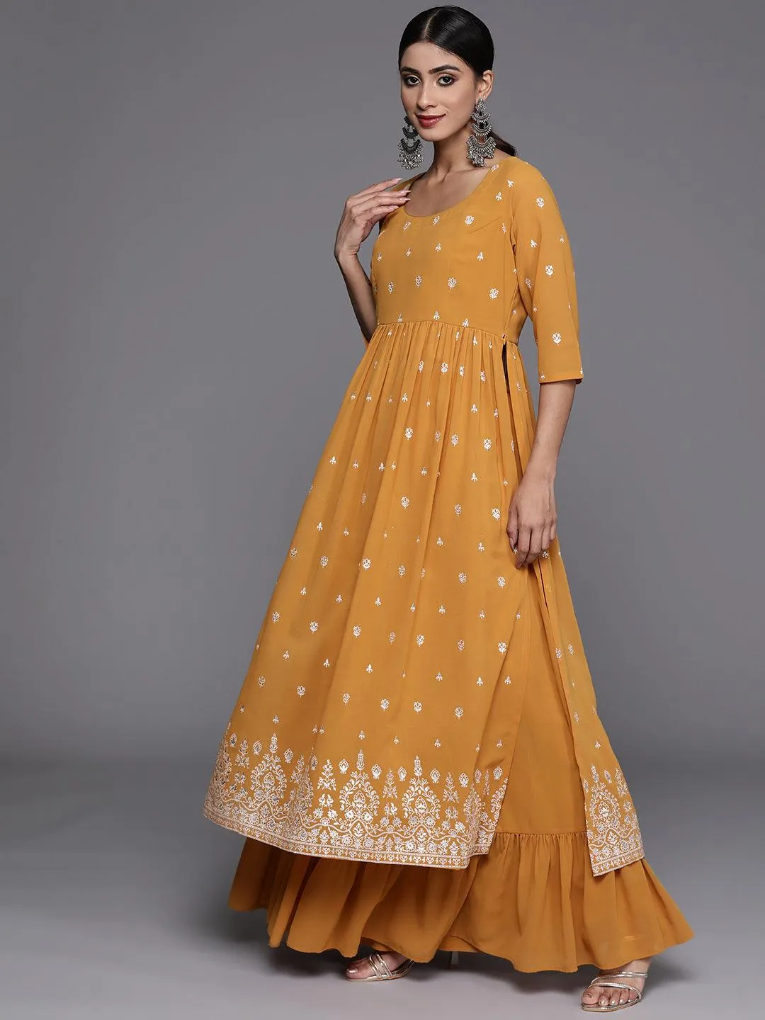 Mustard Printed Georgette A-Line Kurta With Palazzos & Dupatta