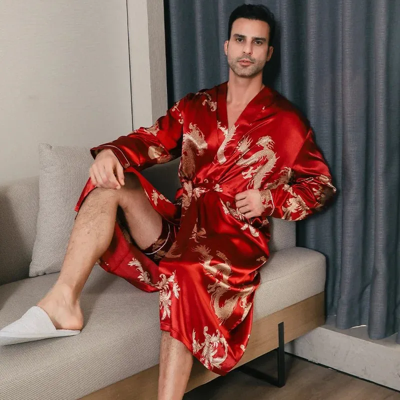 Pajama men's spring and autumn silk thin style oversized pajamas long sleeved bathrobes ice silk bathrobes home clothing summer