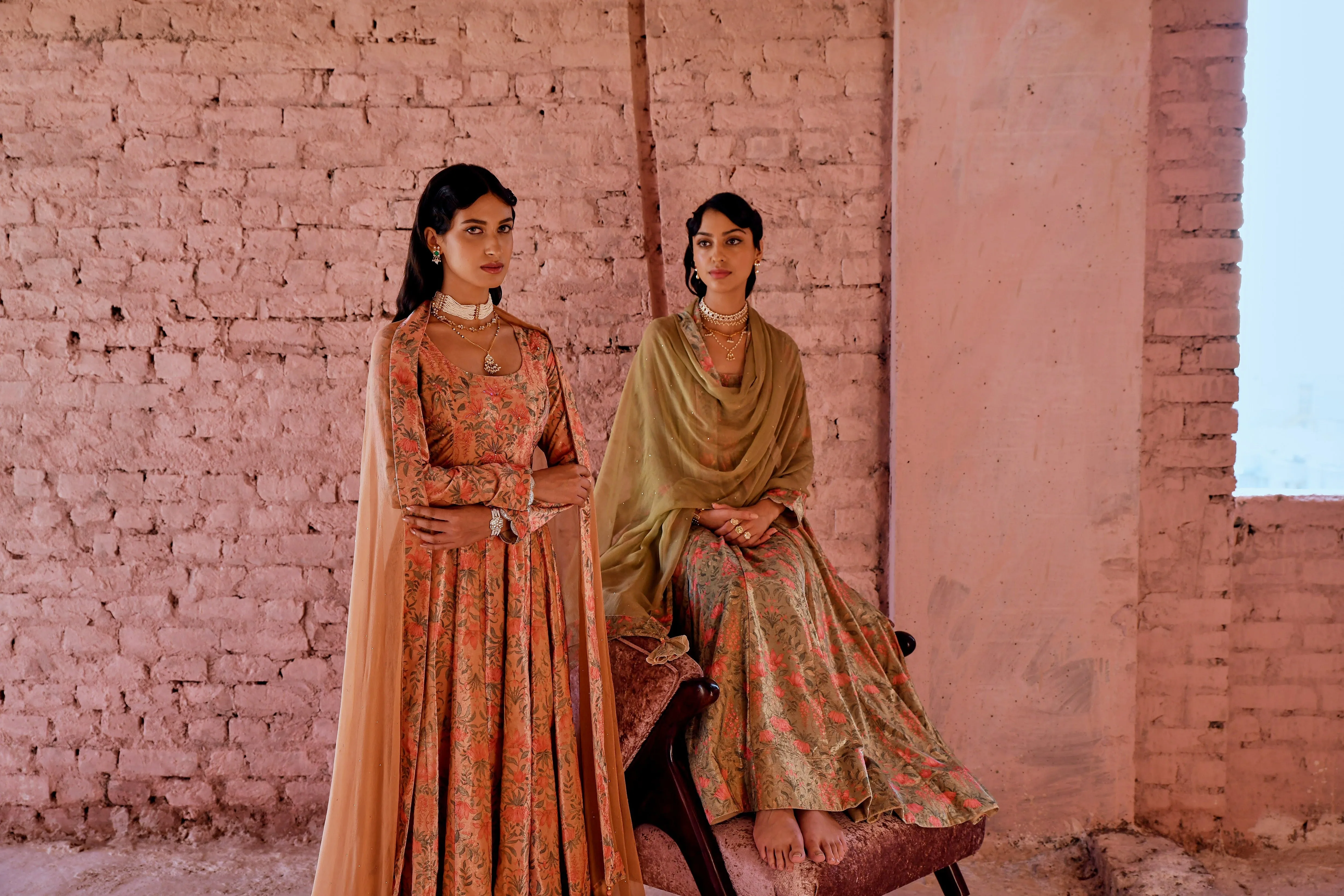 PEACH FLARED MAKHMAL ANARKALI SET