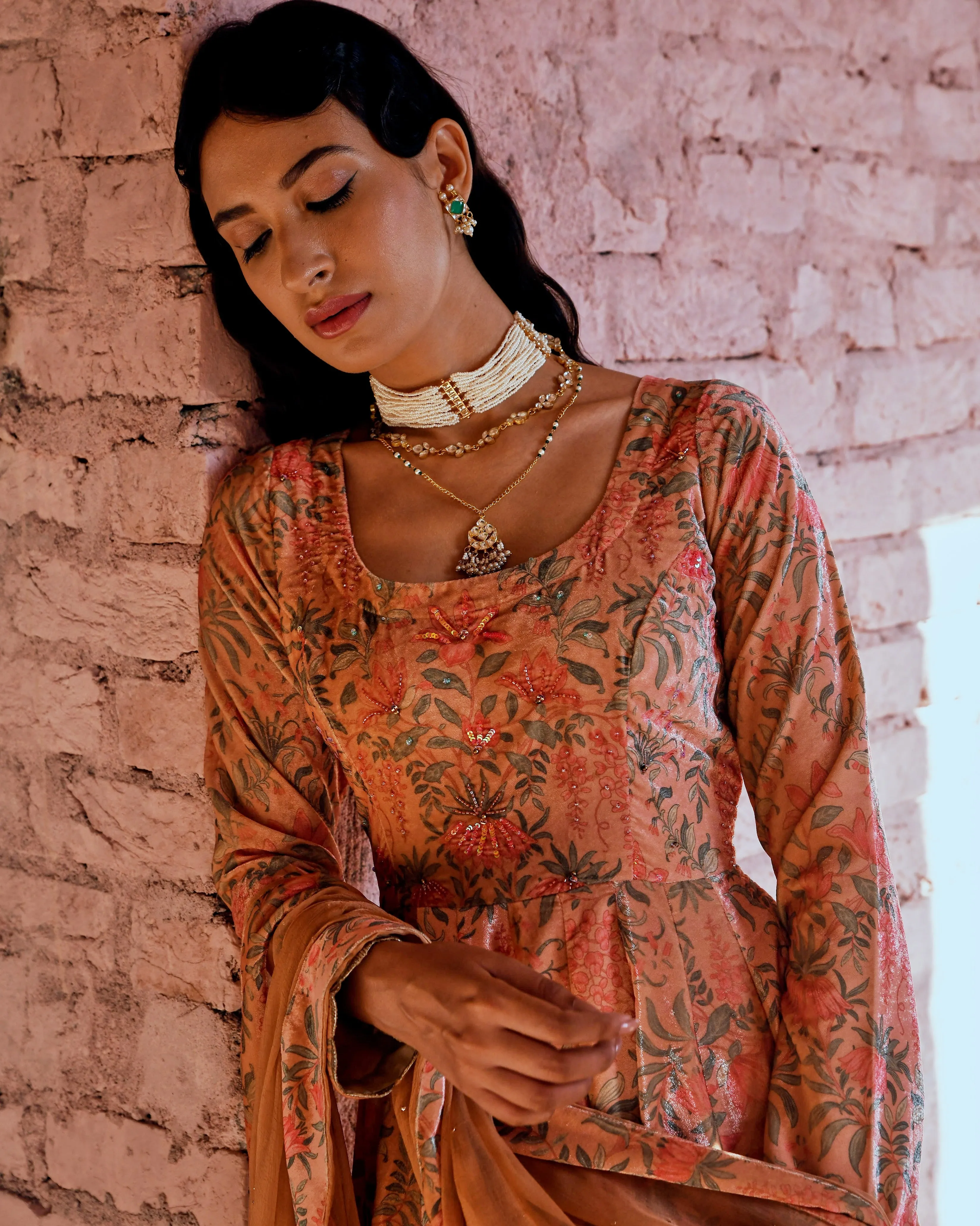 PEACH FLARED MAKHMAL ANARKALI SET