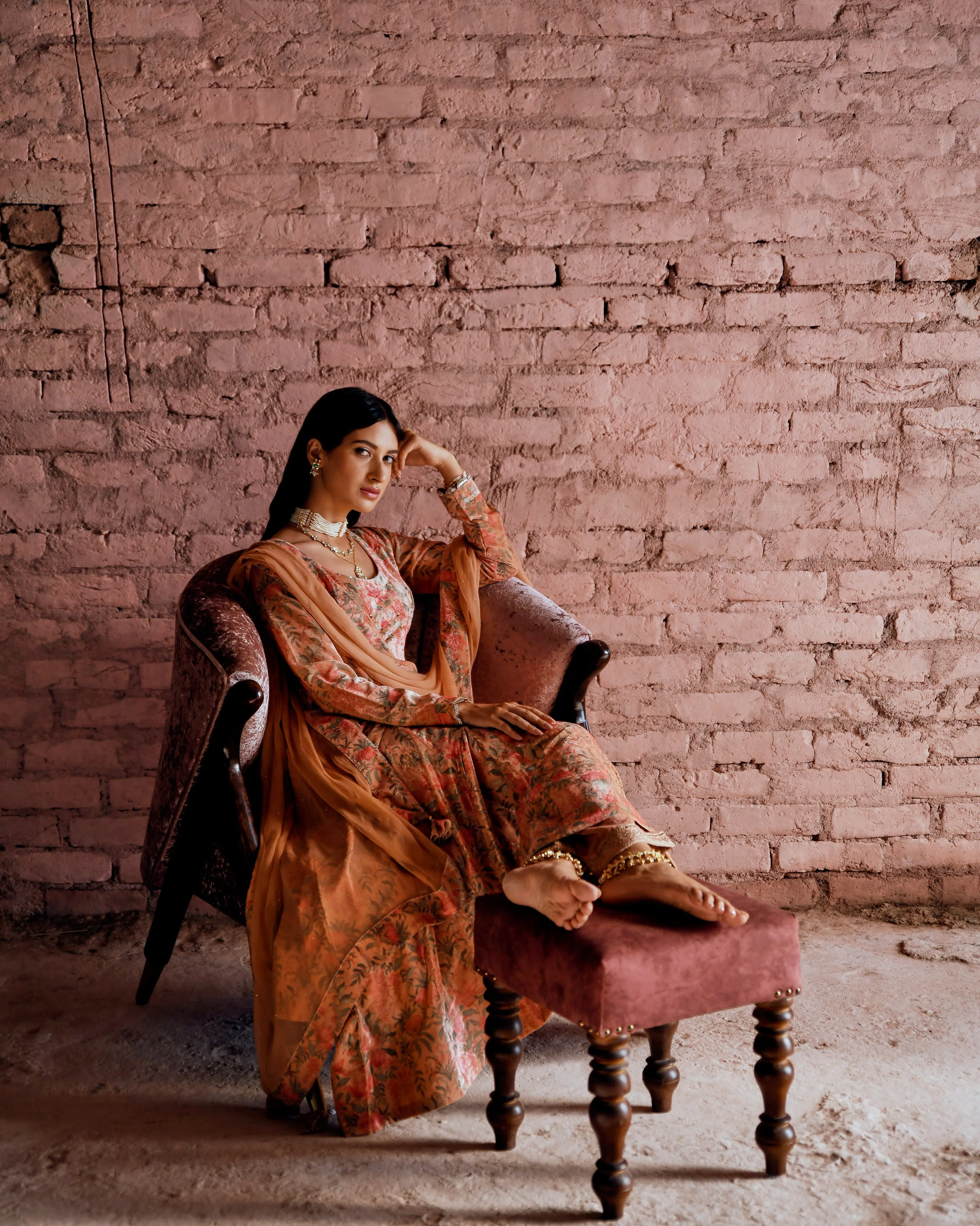 PEACH FLARED MAKHMAL ANARKALI SET
