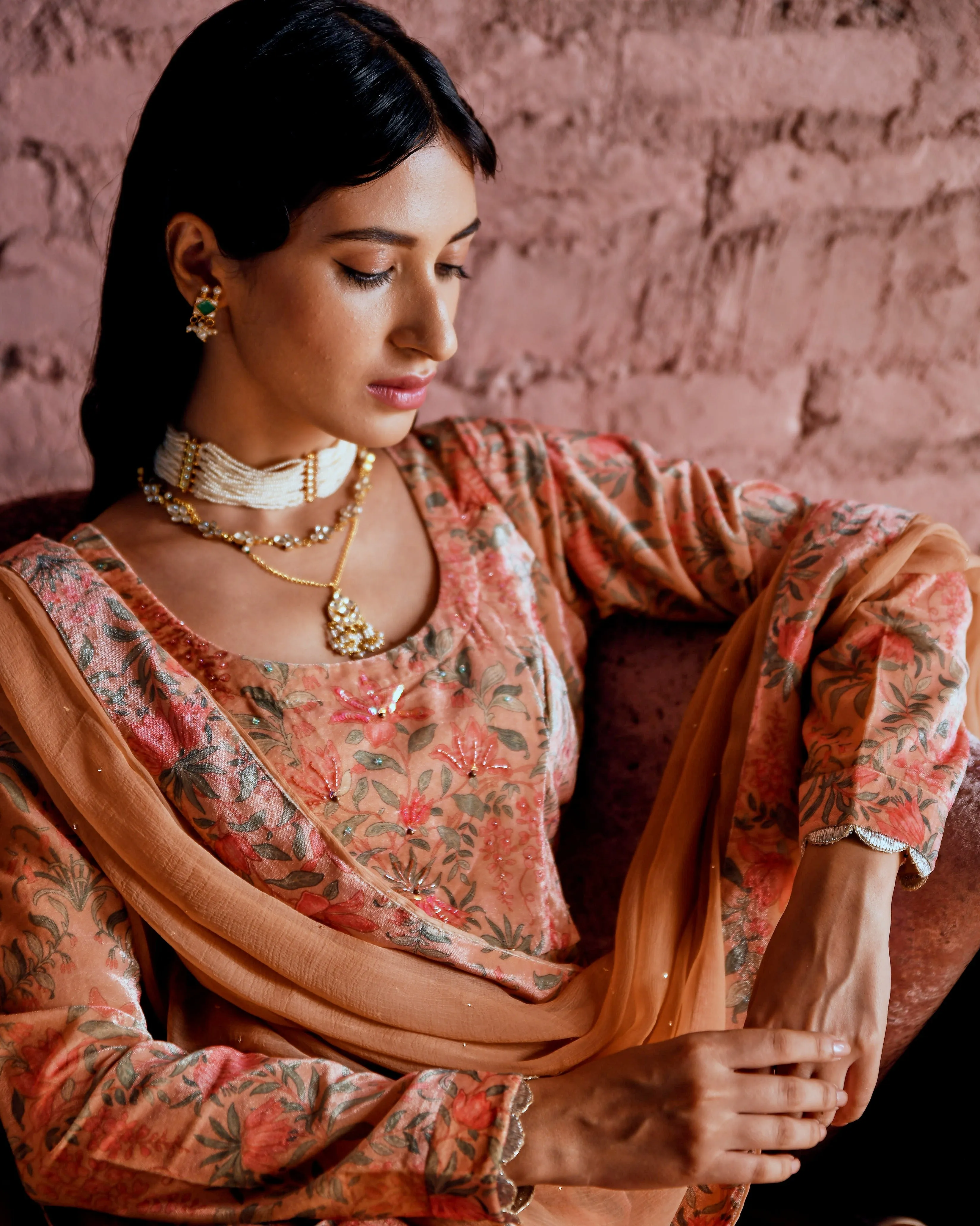 PEACH FLARED MAKHMAL ANARKALI SET