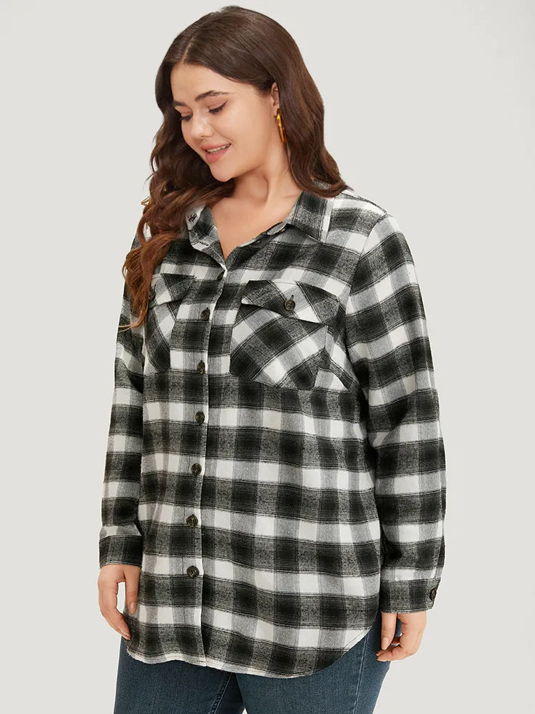 Plaid Arc Hem Pocket Button Through Shirt Collar Coat