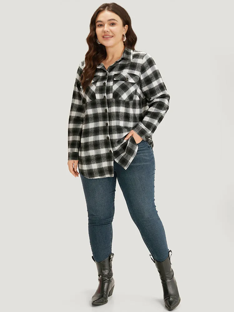 Plaid Arc Hem Pocket Button Through Shirt Collar Coat