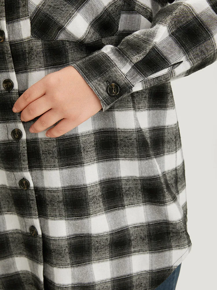 Plaid Arc Hem Pocket Button Through Shirt Collar Coat