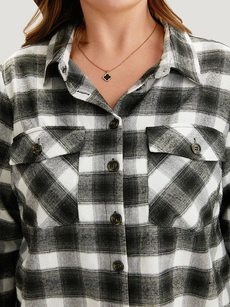 Plaid Arc Hem Pocket Button Through Shirt Collar Coat