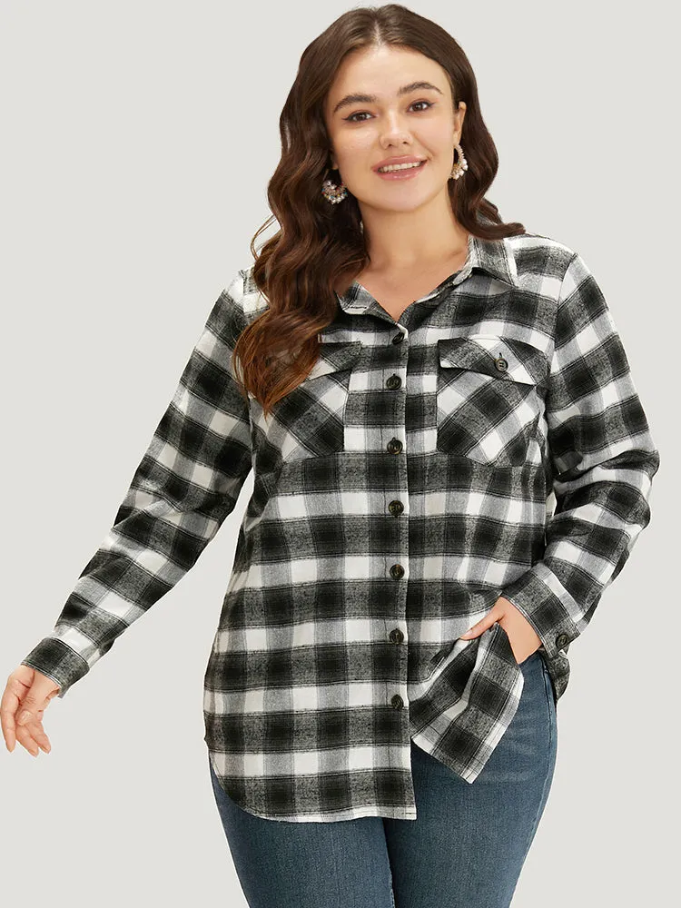 Plaid Arc Hem Pocket Button Through Shirt Collar Coat