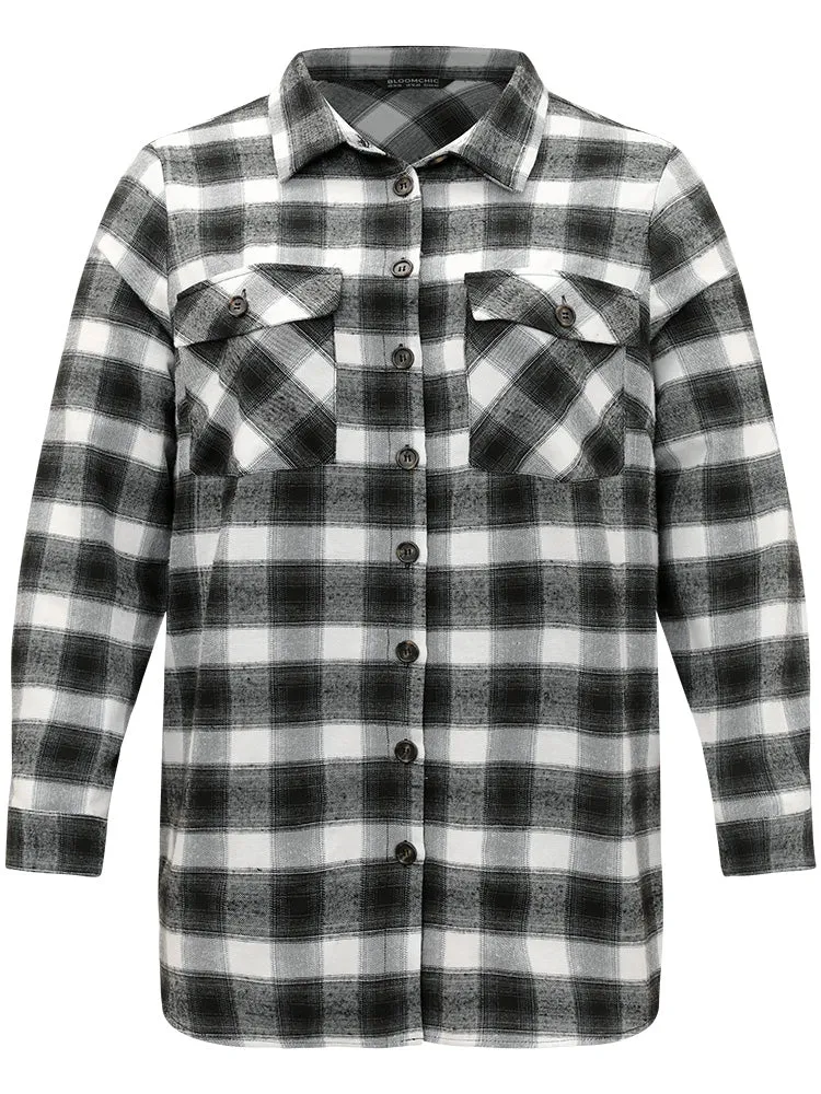 Plaid Arc Hem Pocket Button Through Shirt Collar Coat