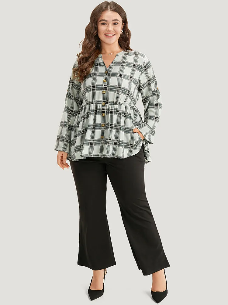 Plaid Notched Button Through Tab Sleeve Blouse