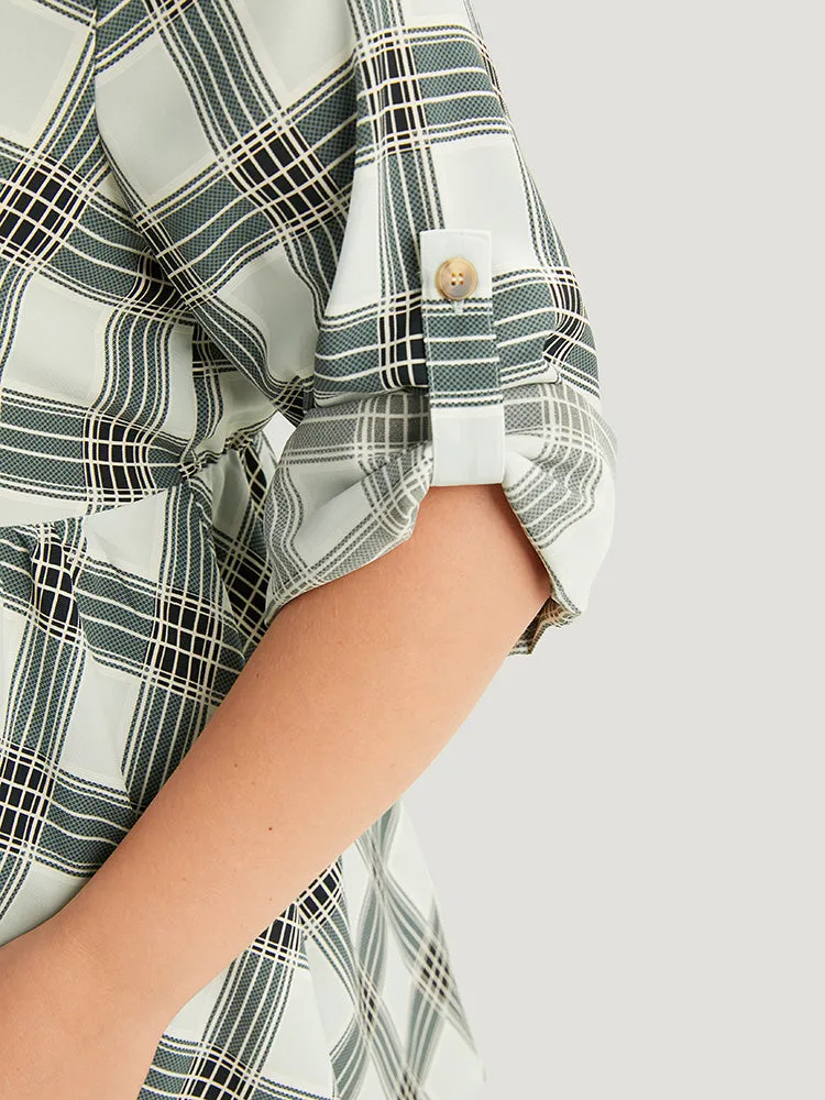 Plaid Notched Button Through Tab Sleeve Blouse