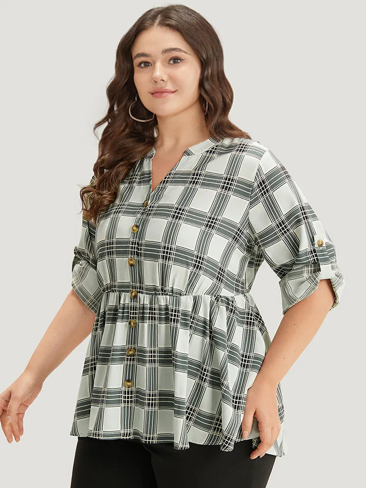 Plaid Notched Button Through Tab Sleeve Blouse