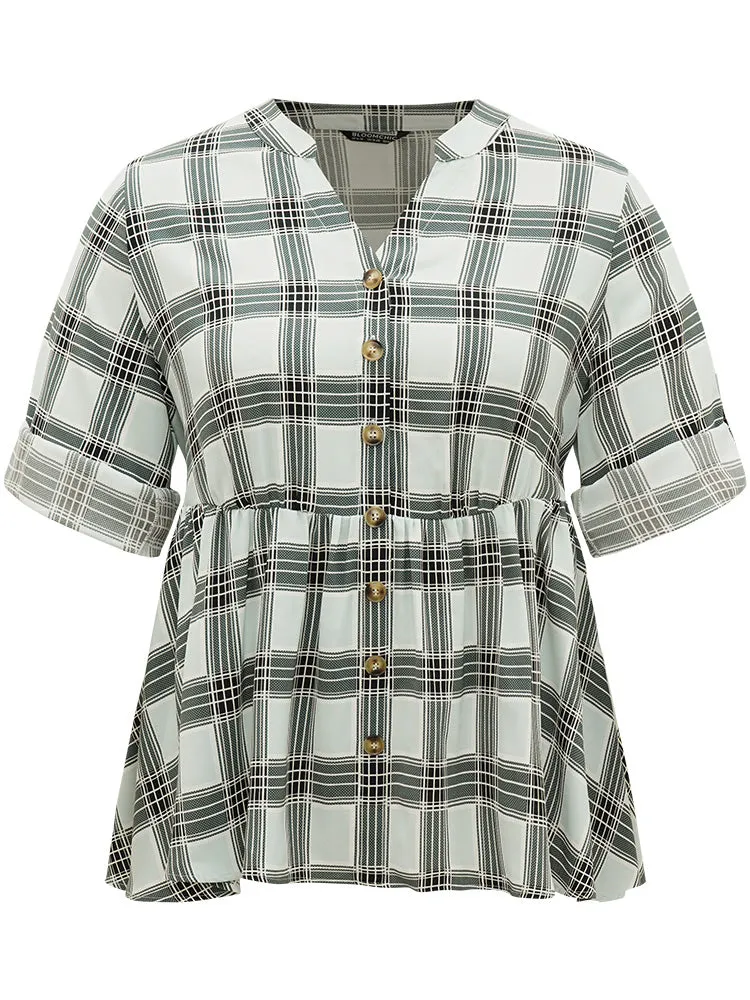 Plaid Notched Button Through Tab Sleeve Blouse