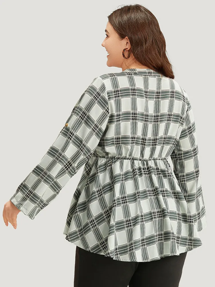 Plaid Notched Button Through Tab Sleeve Blouse