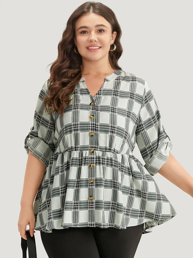 Plaid Notched Button Through Tab Sleeve Blouse