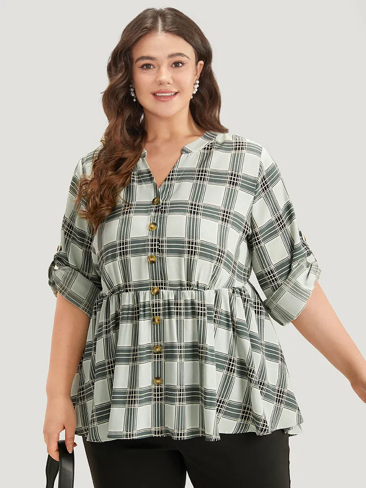 Plaid Notched Button Through Tab Sleeve Blouse