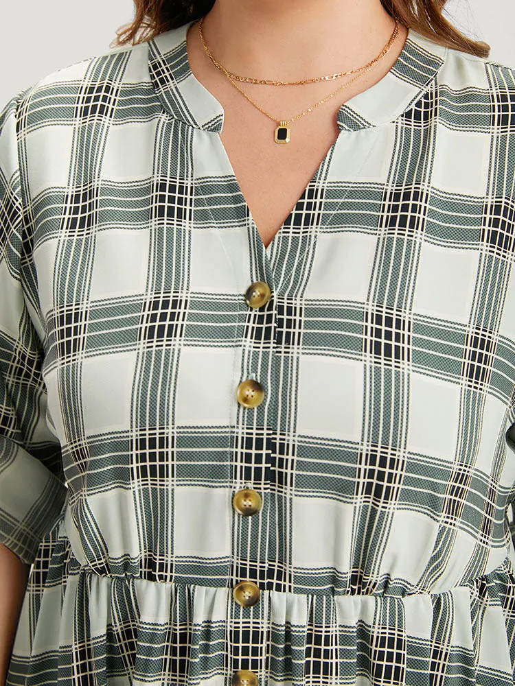 Plaid Notched Button Through Tab Sleeve Blouse