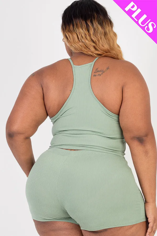 Plus Size Ribbed Crop Cami Top & Shorts Set