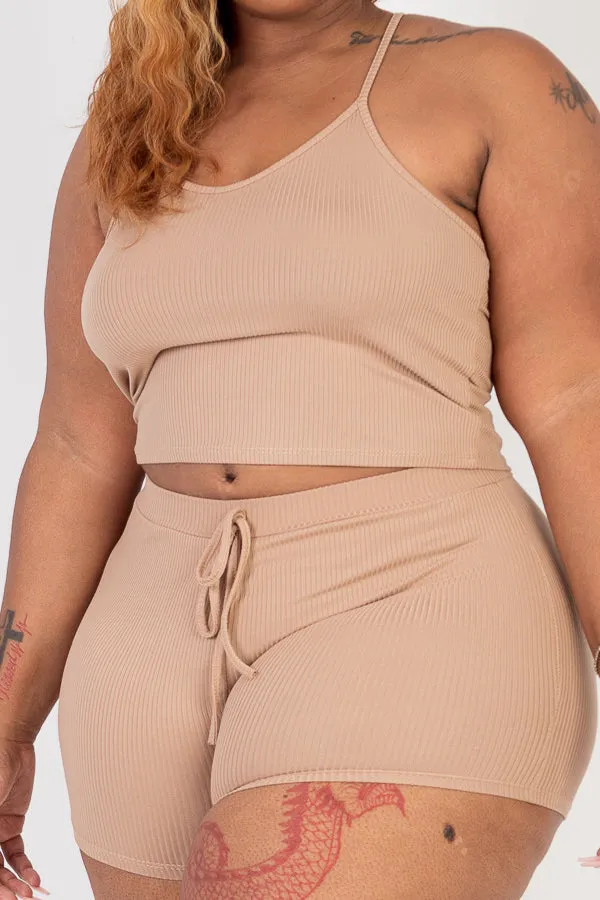 Plus Size Ribbed Crop Cami Top & Shorts Set