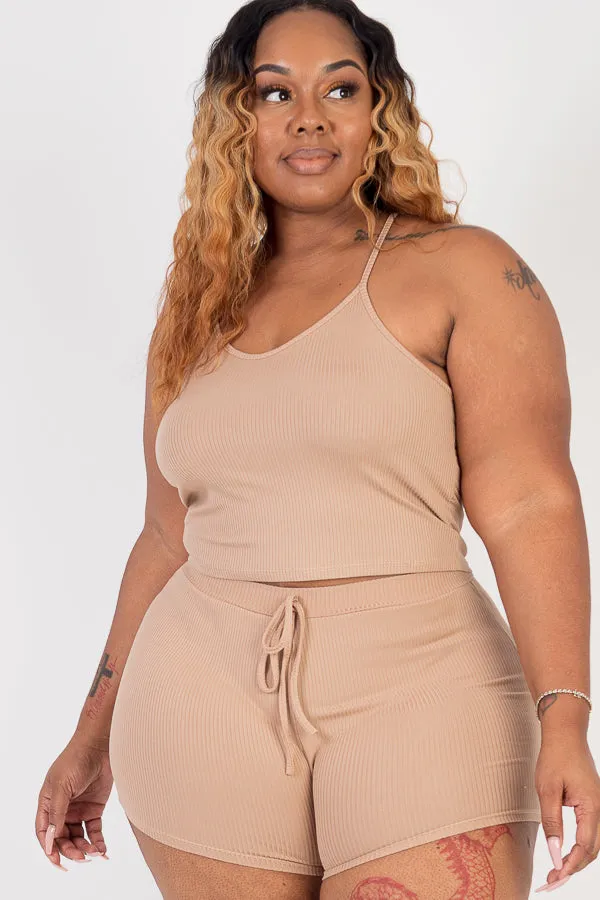 Plus Size Ribbed Crop Cami Top & Shorts Set