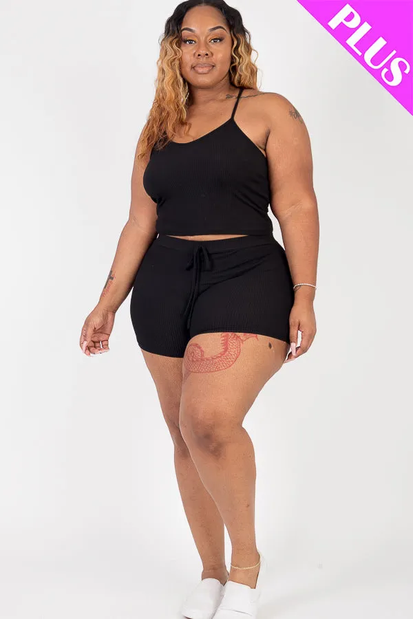 Plus Size Ribbed Crop Cami Top & Shorts Set