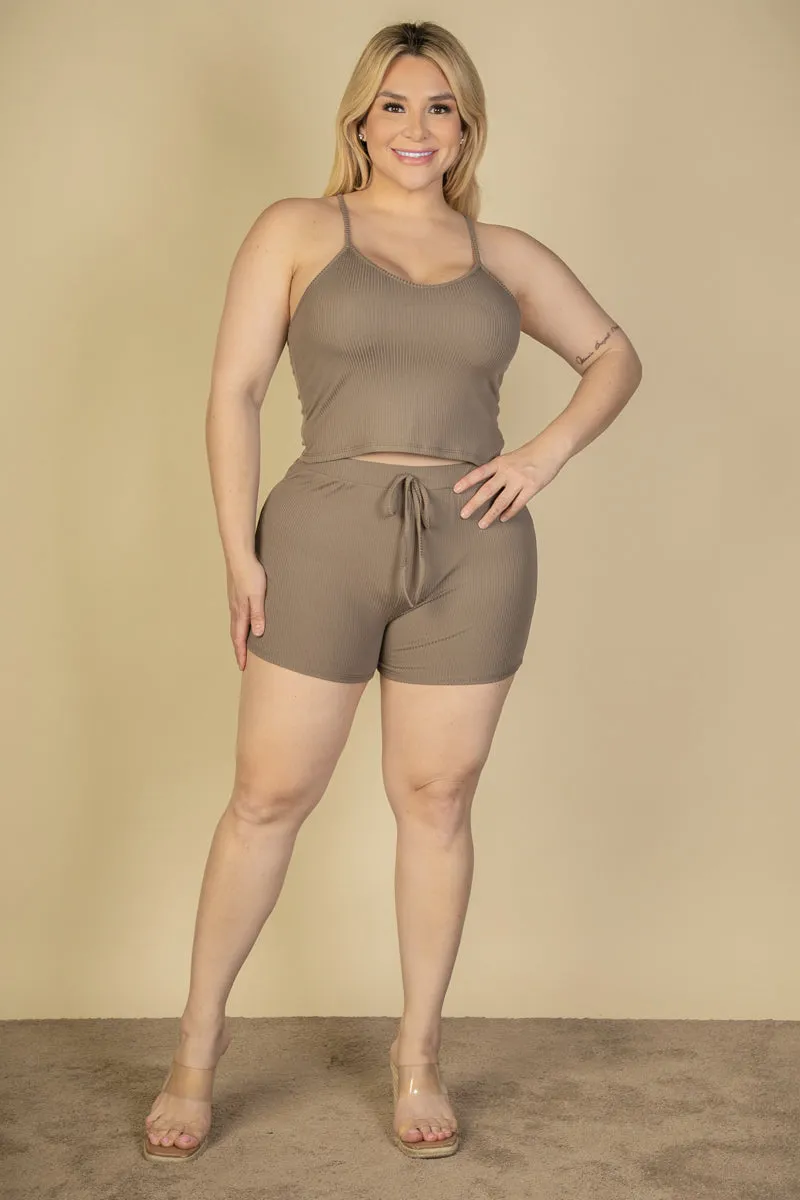 Plus Size Ribbed Crop Cami Top & Shorts Set
