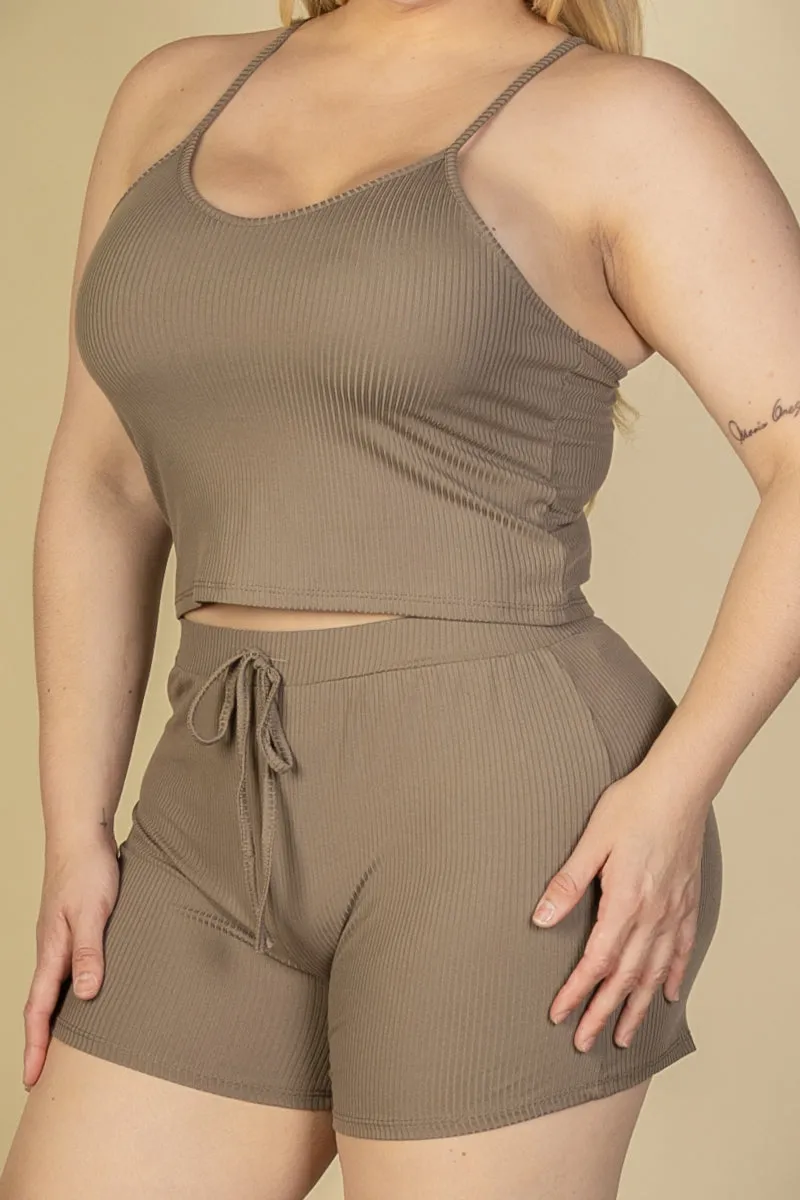 Plus Size Ribbed Crop Cami Top & Shorts Set