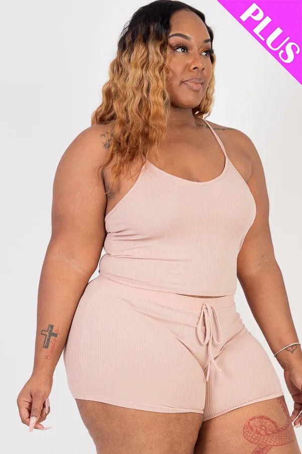 Plus Size Ribbed Crop Cami Top & Shorts Set