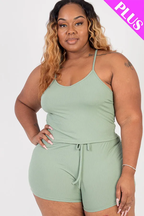 Plus Size Ribbed Crop Cami Top & Shorts Set
