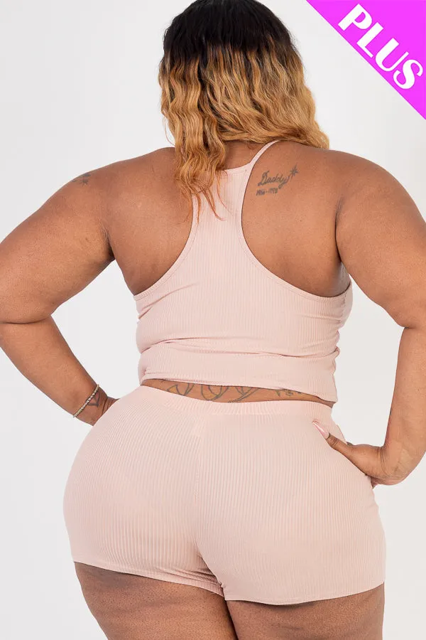 Plus Size Ribbed Crop Cami Top & Shorts Set