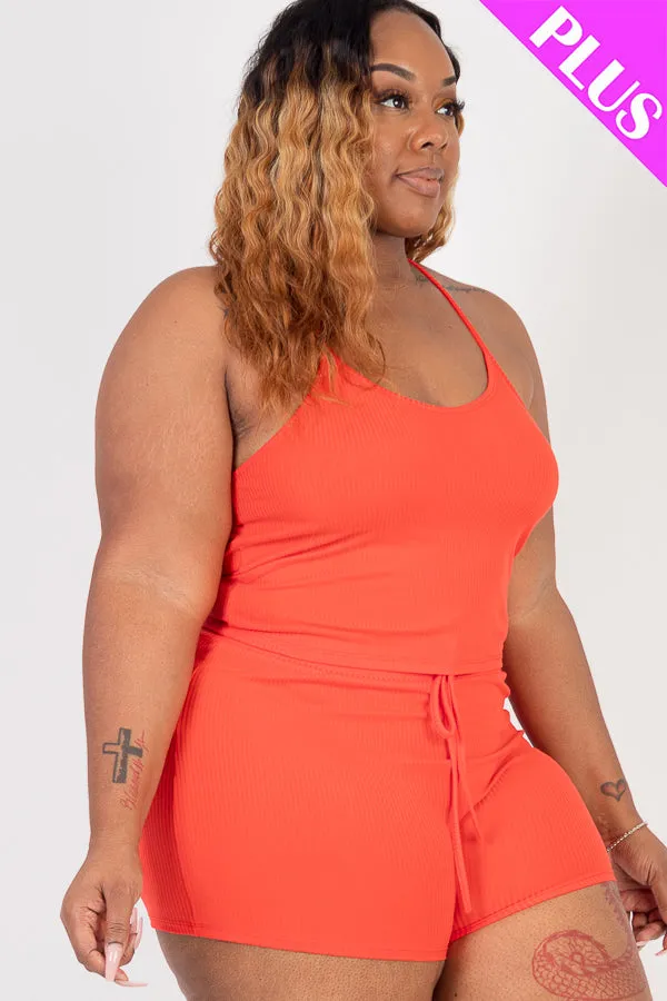 Plus Size Ribbed Crop Cami Top & Shorts Set