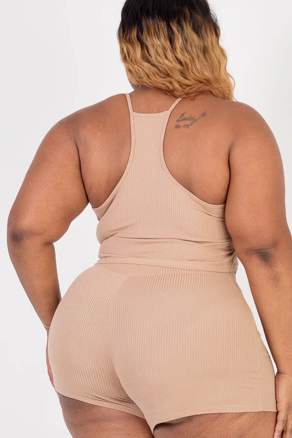 Plus Size Ribbed Crop Cami Top & Shorts Set