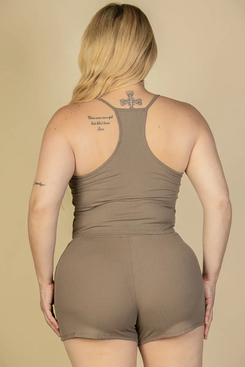 Plus Size Ribbed Crop Cami Top & Shorts Set