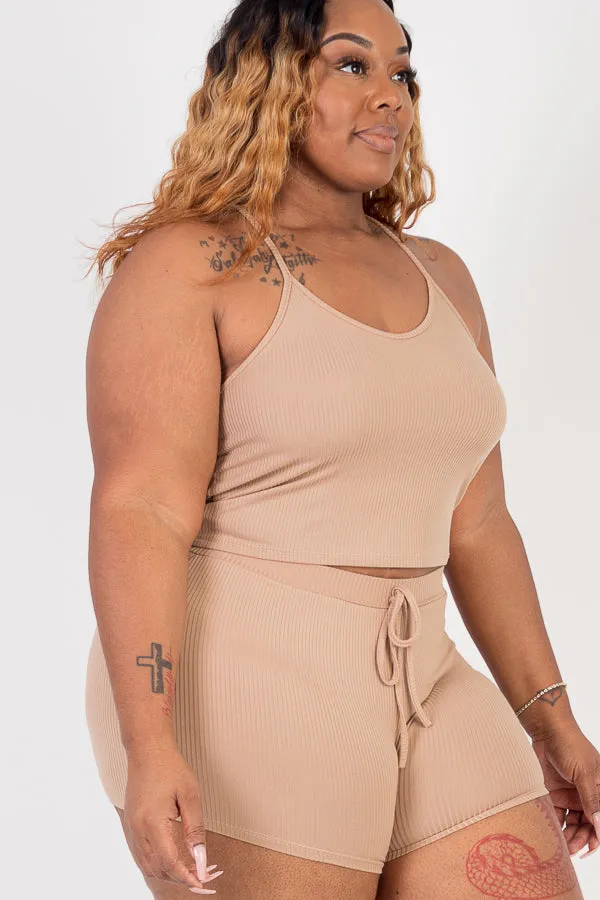 Plus Size Ribbed Crop Cami Top & Shorts Set