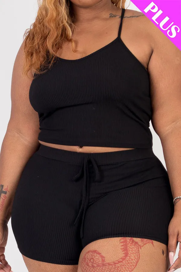 Plus Size Ribbed Crop Cami Top & Shorts Set