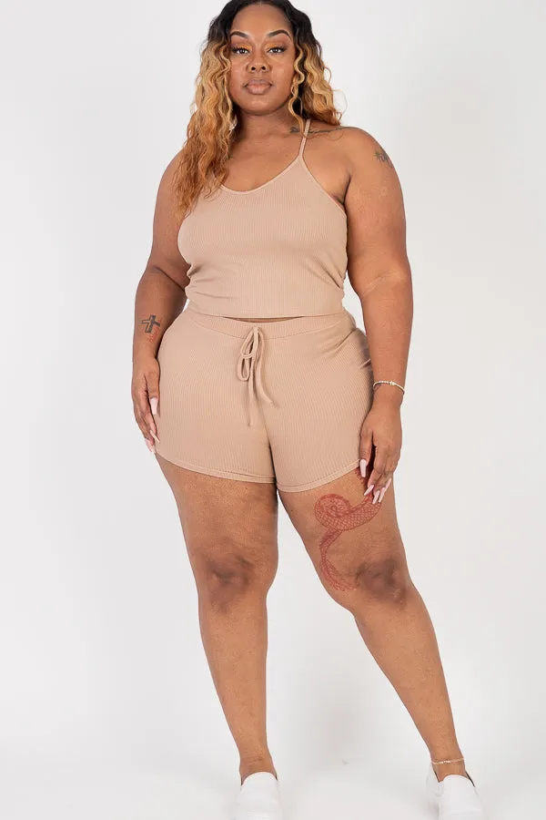 Plus Size Ribbed Crop Cami Top & Shorts Set