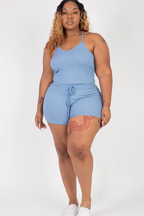 Plus Size Ribbed Crop Cami Top & Shorts Set