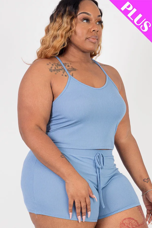 Plus Size Ribbed Crop Cami Top & Shorts Set